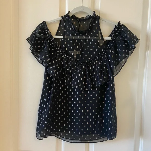 Rebecca Taylor Womens Top Blouse Black With Silver Dots Size 4 Off The Shoulder - Picture 1 of 5